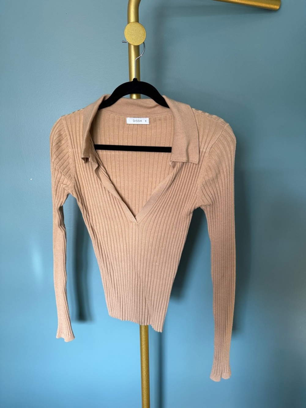 DISSH Ribbed Polo Knit Sweater in Camel